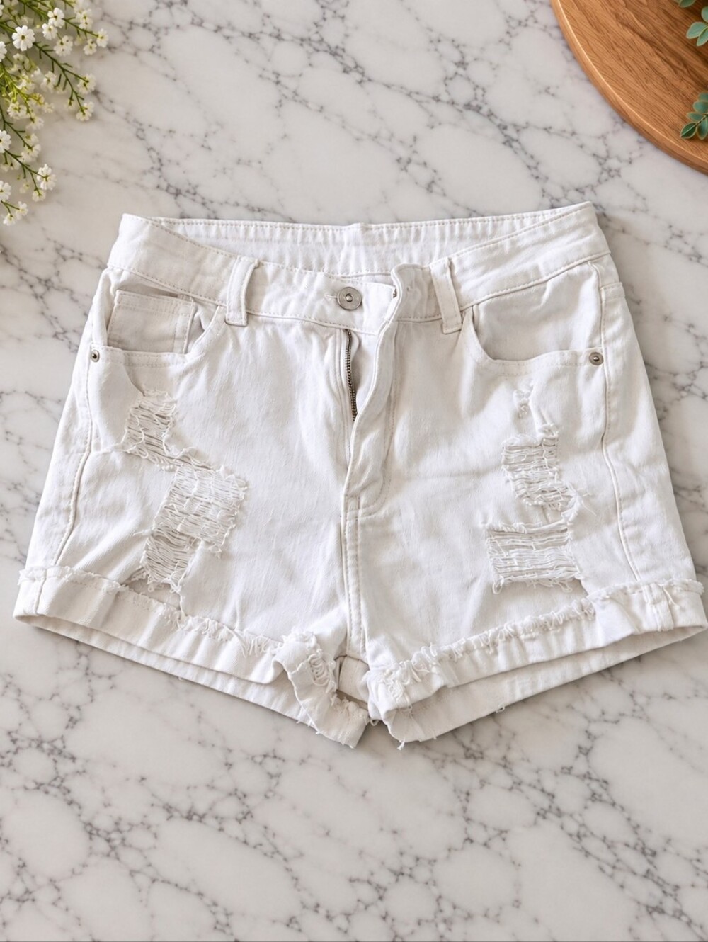 SHEIN Distressed White Jean Shorts (Sz L)